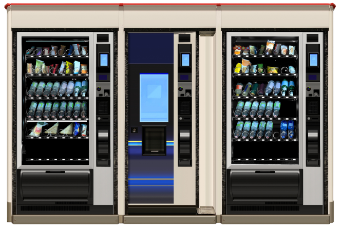 Triple vending machine with snacks and drinks.