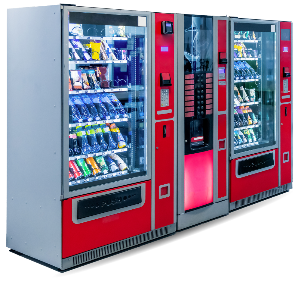 Red vending machines with snacks and drinks.